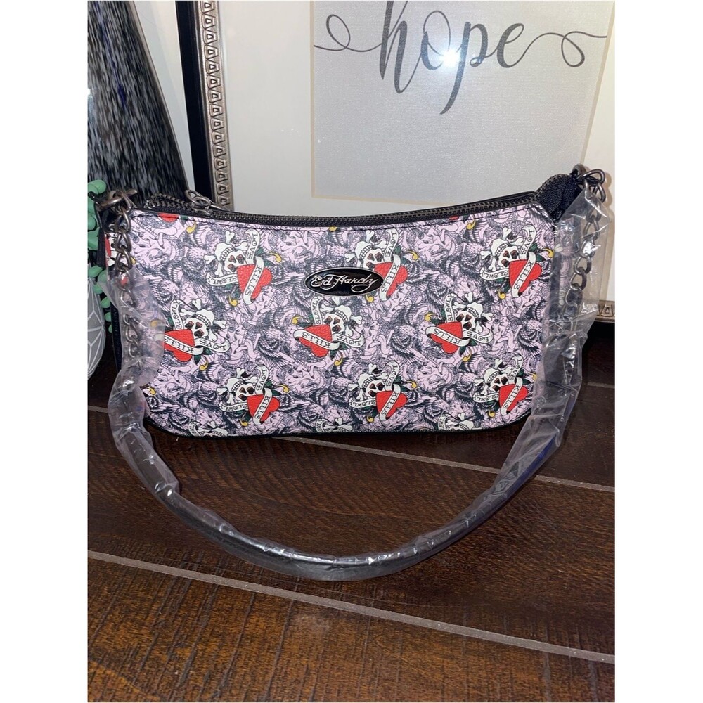 NWT!! Ed Hardy “Love Kills Slowly” Pink Tattoo-Print Crossbody Shoulder Bag